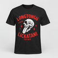 Skully LikALOT tee on a black shirt with red logo and lettering