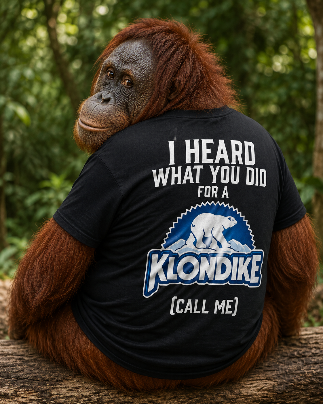 Orangutan wearing Klondike shirt